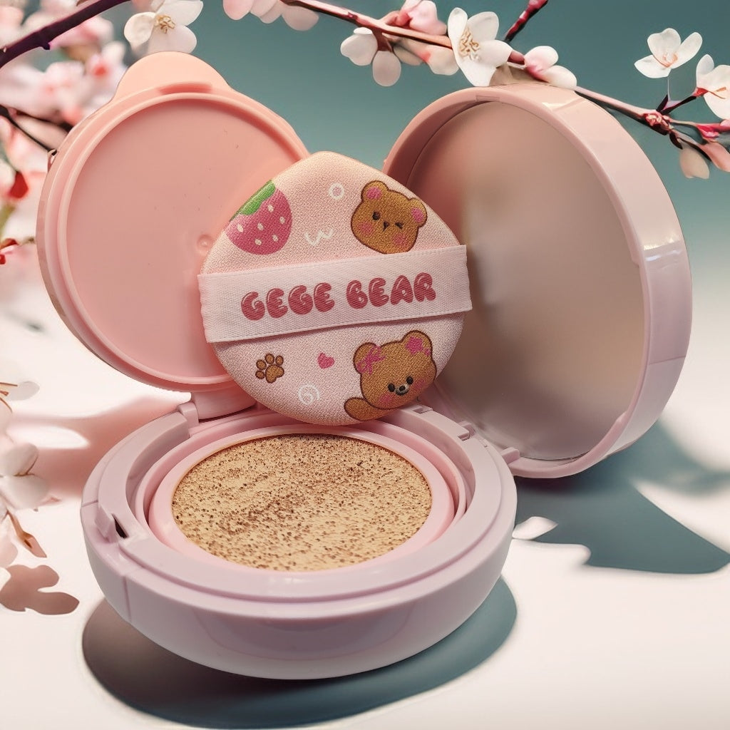 gege bear base en crema cushion con esponja y espejo