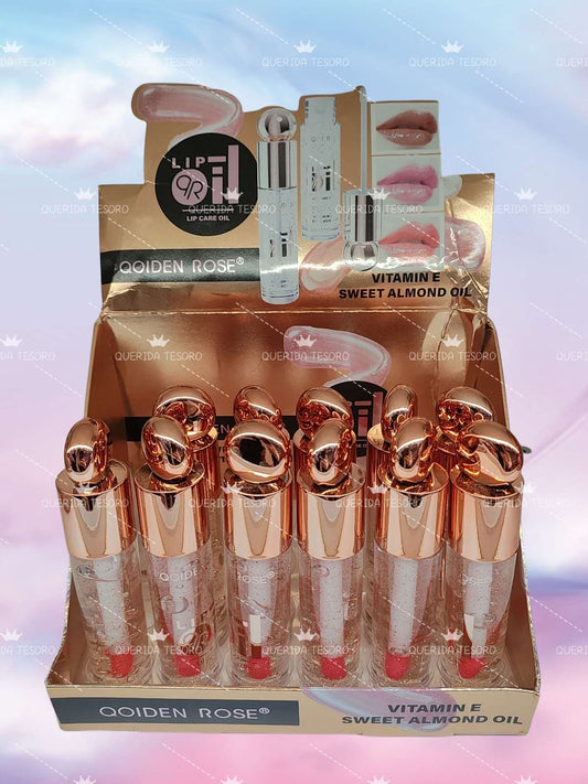Qoiden rose labial aceitoso con brillos y vitamina E