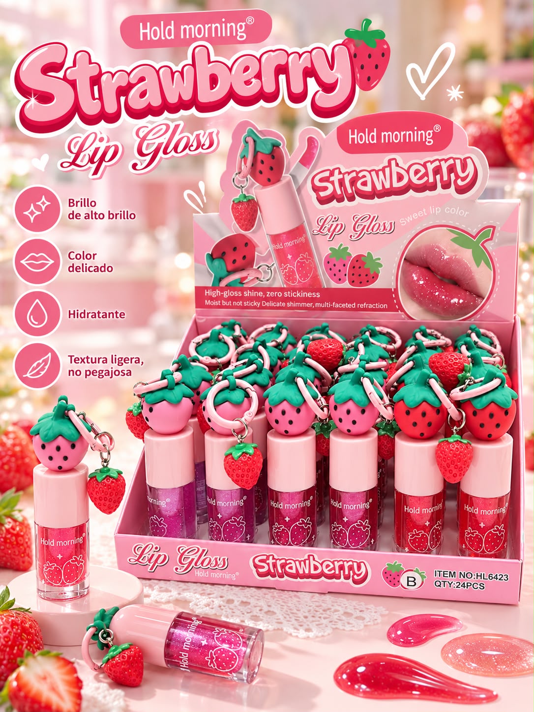 hold morning lip gloss con llavero