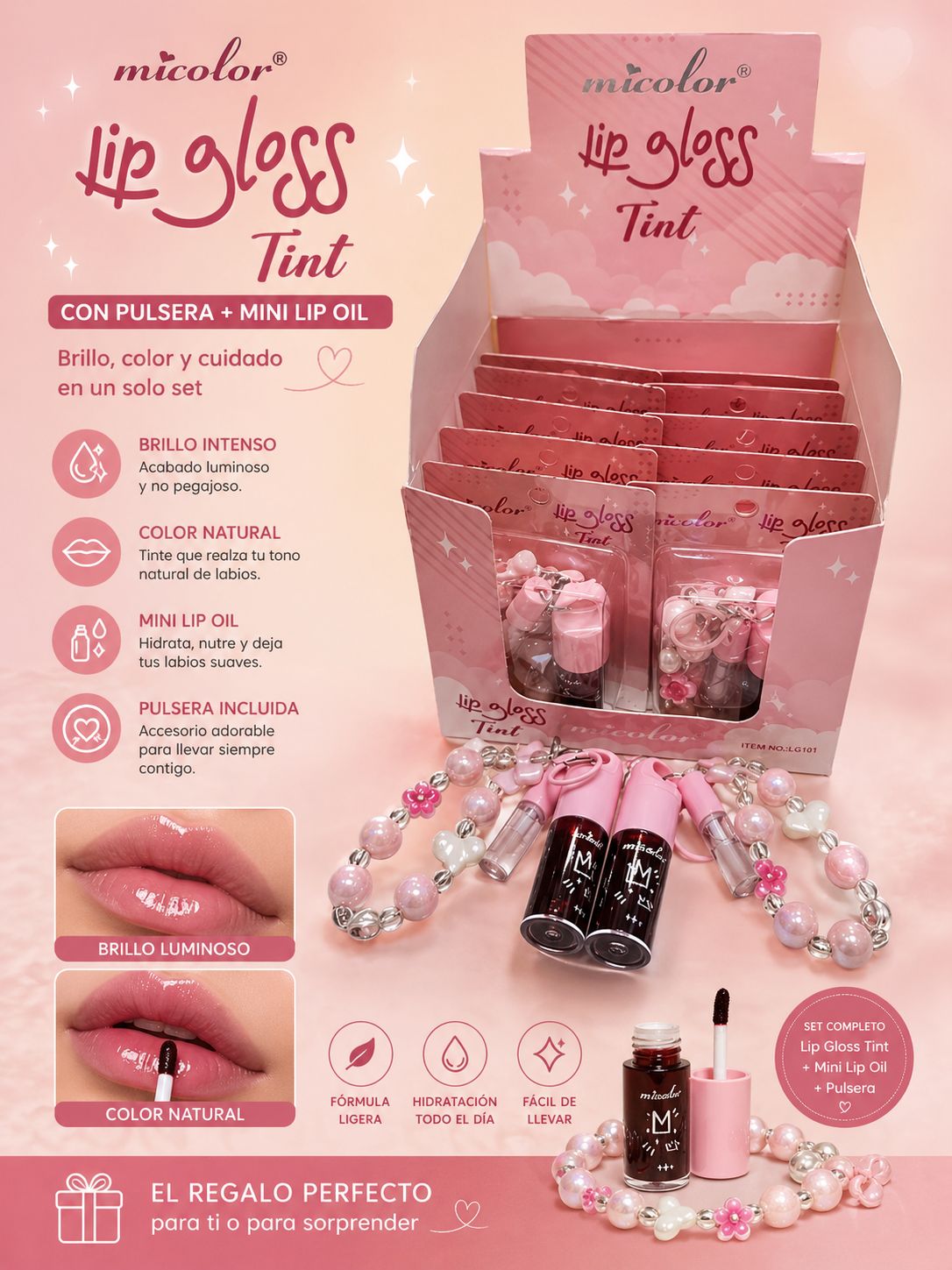 MICOLOR LIP GLOSS CON PULSERA +mini lip oil
