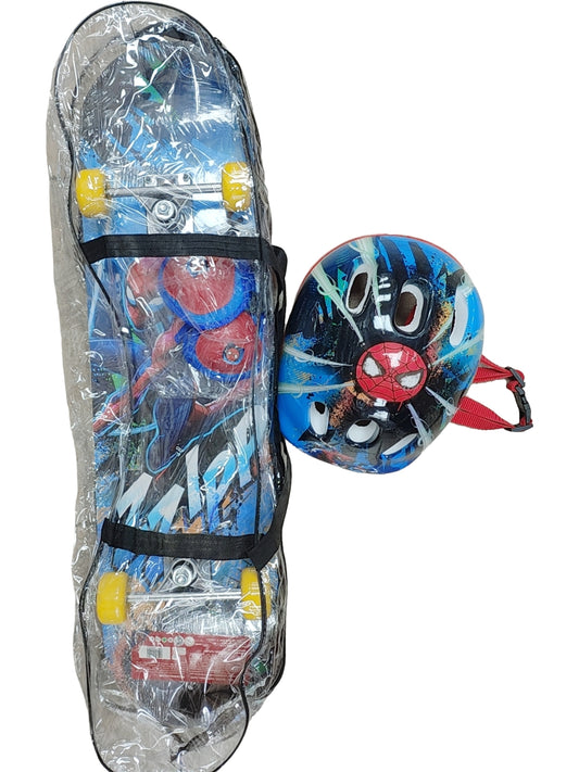 Skate spiderman+kit de protección con lija truck metalico 79x20cm 60KG