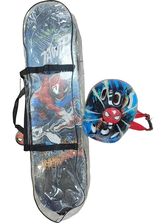 Skate spiderman+kit de protección con lija truck metalico 79x20cm 60KG