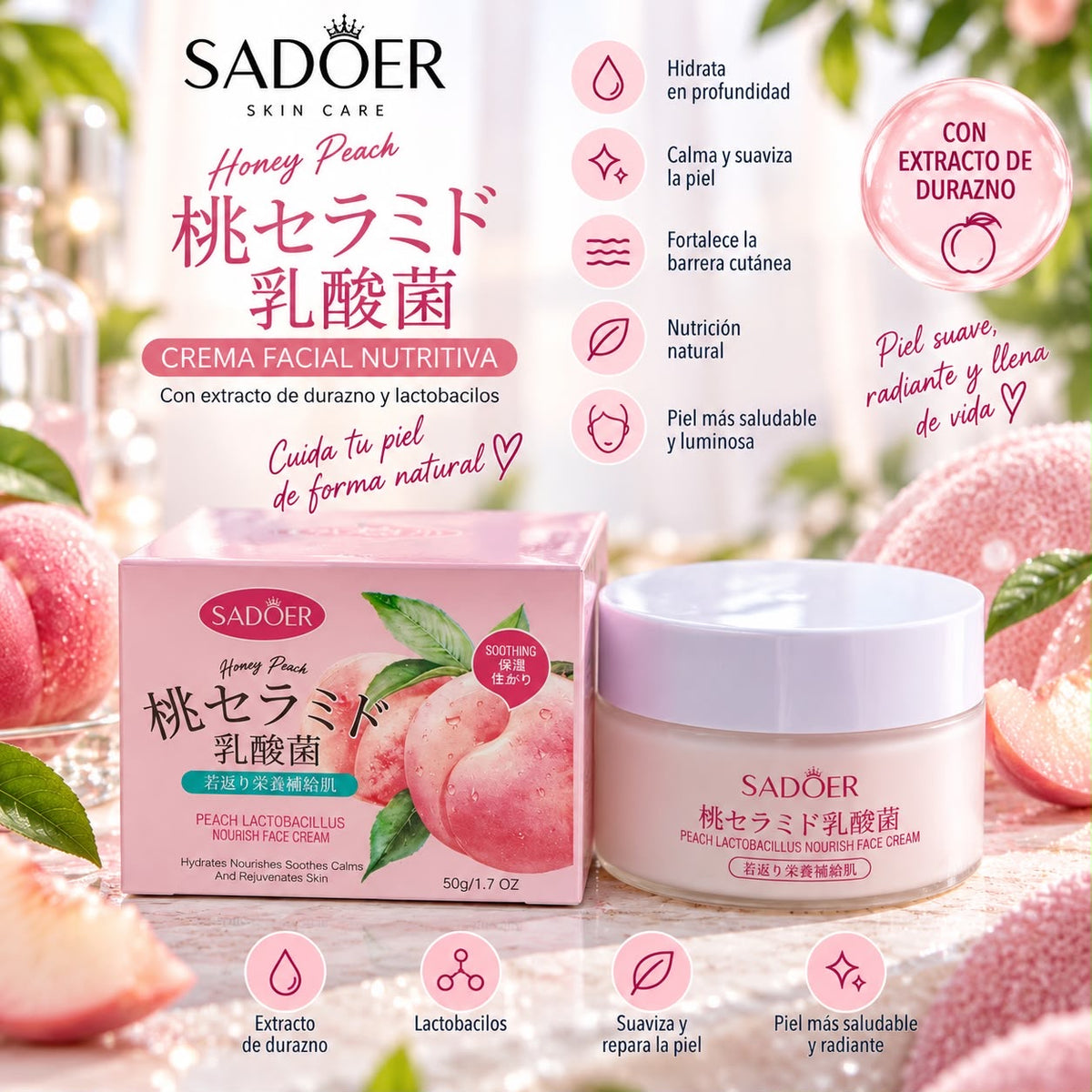 sadoer crema facial durazno