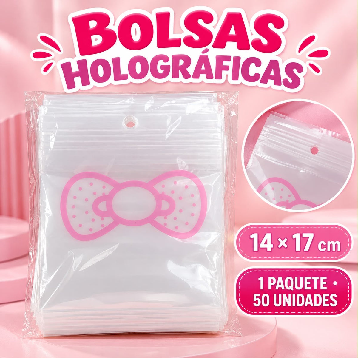 BOLSA HOLOGRAFICAS CON MOÑOS BLANCO