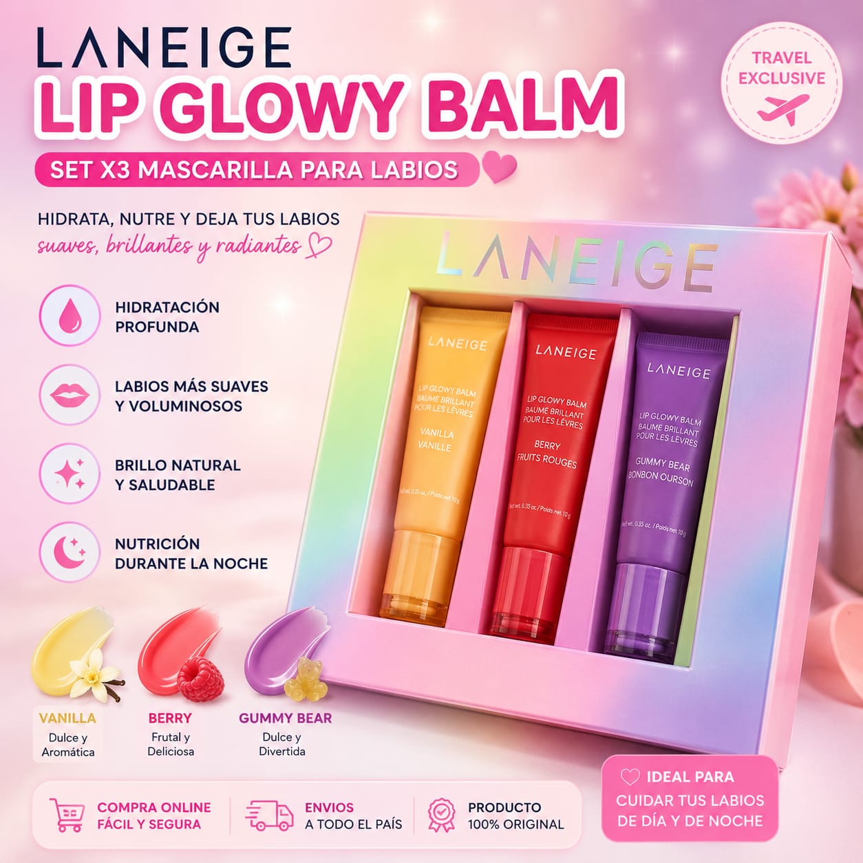 Laneige lip glowy balm x3u, mascarilla para labios