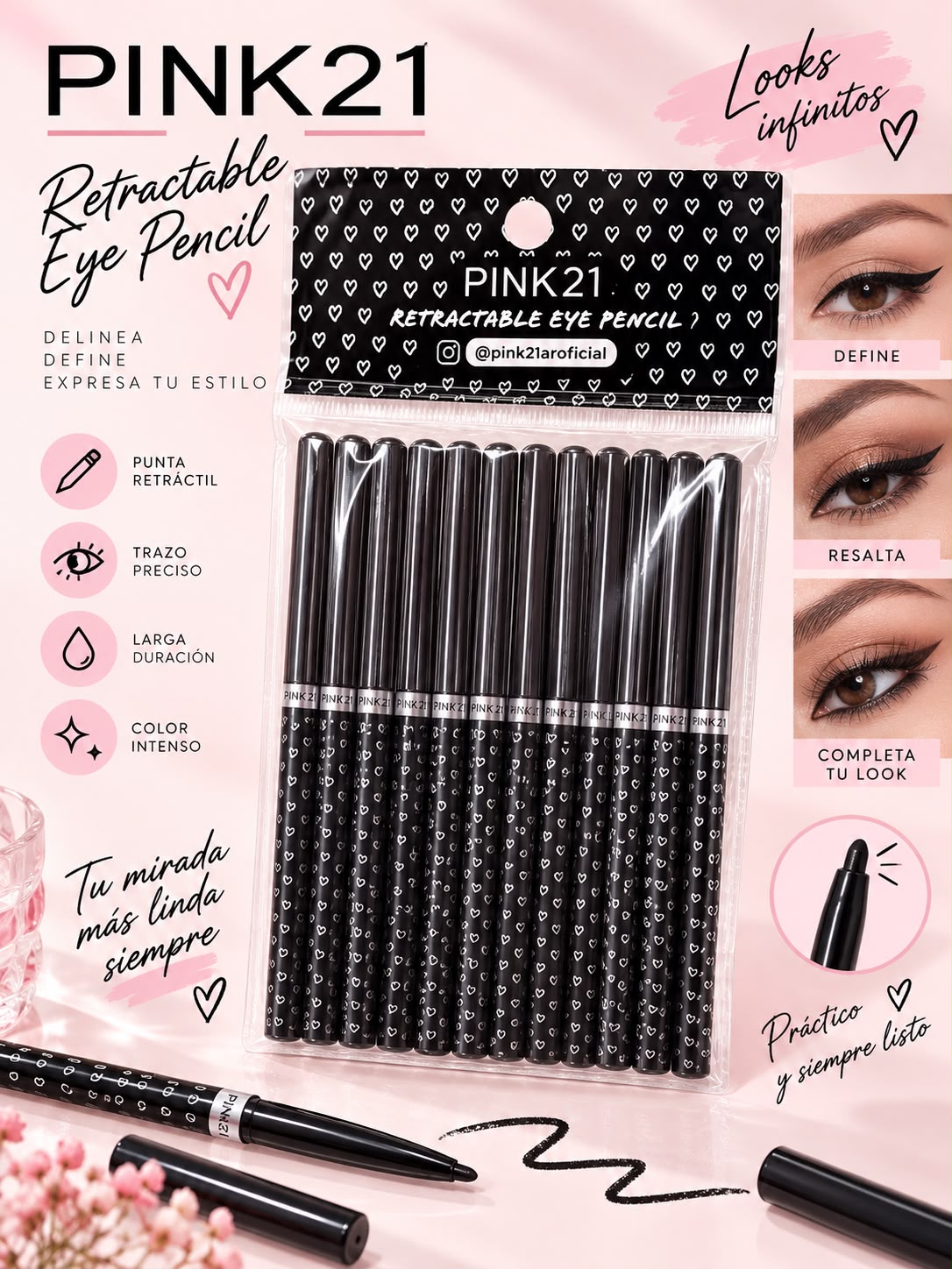 pink 21 delineador de ojo retráctil