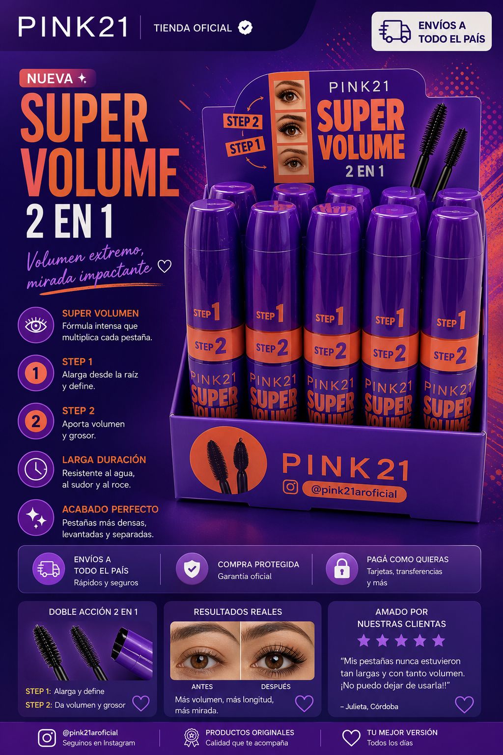 Pink21 máscara de pestañas super volume 2en1