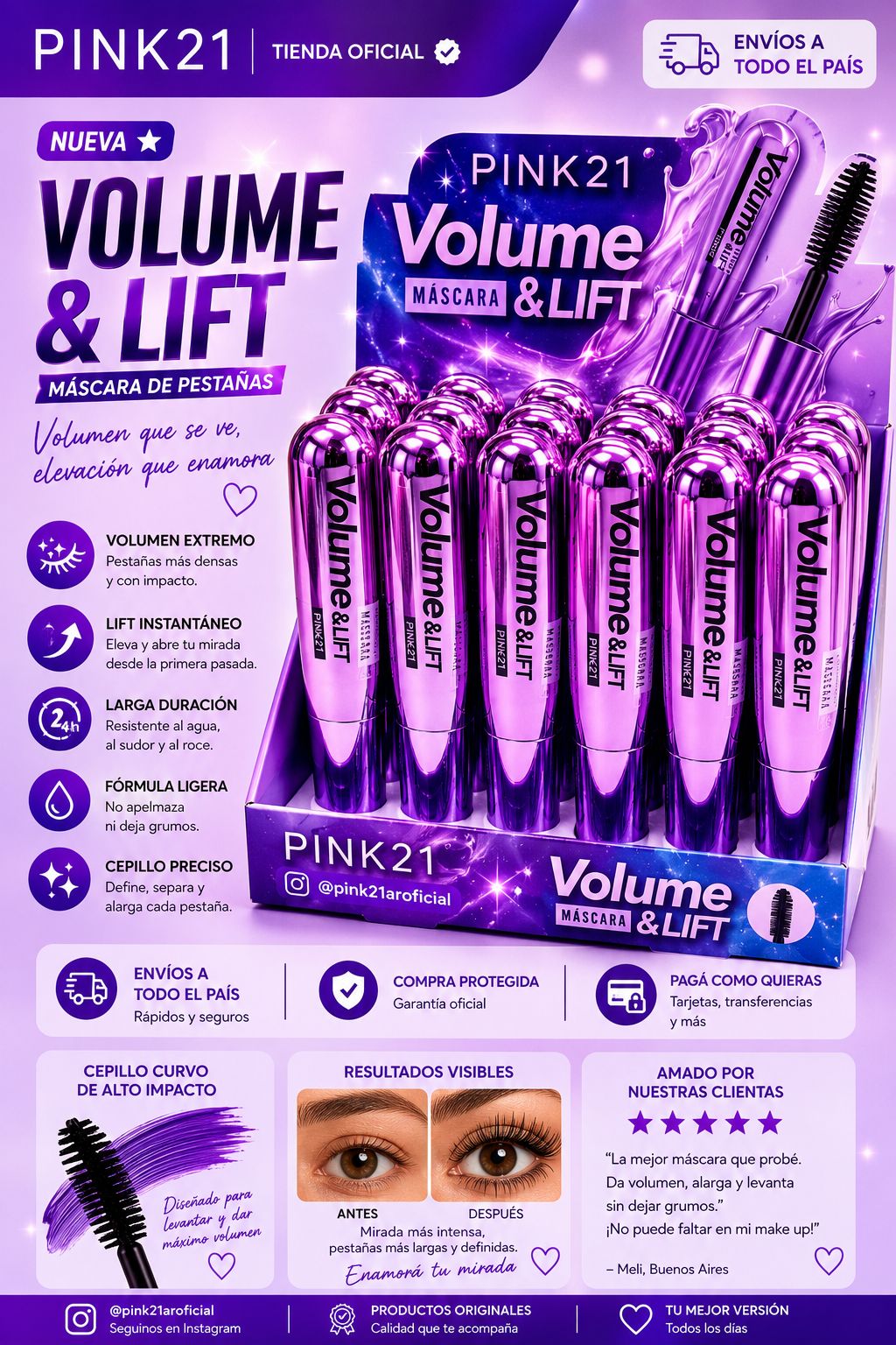 Pink21 máscara de pestañas volume y lift