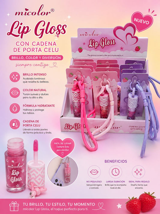 MICOLOR LIP GLOSS CON CADENA DE PORTA CELULAR