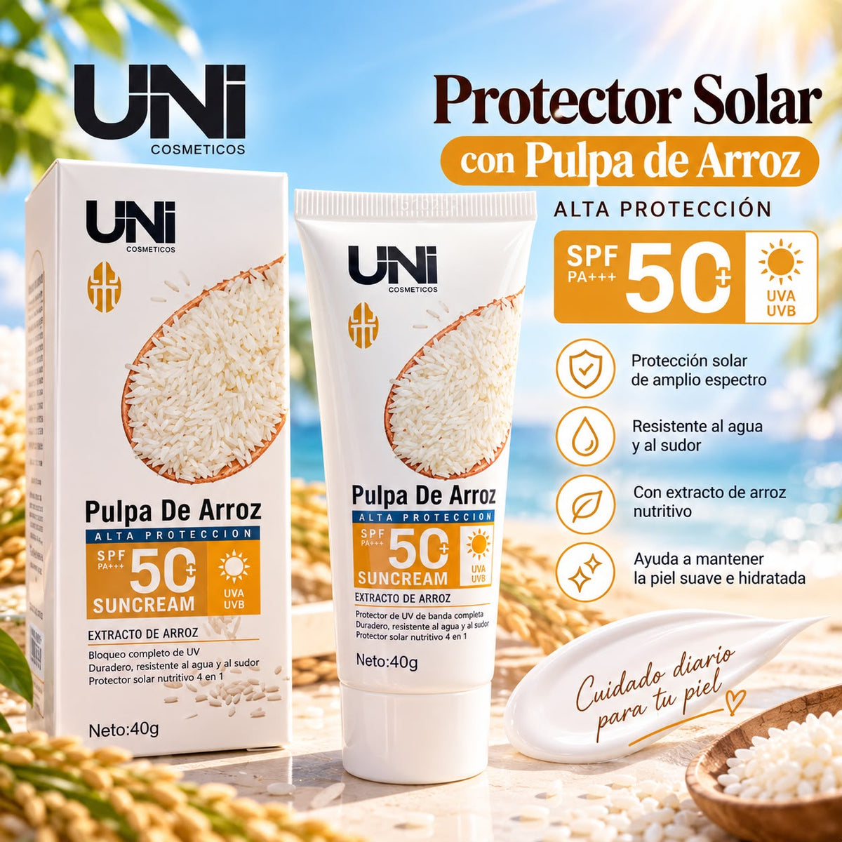 UNI protector solar en crema de arroz 50+