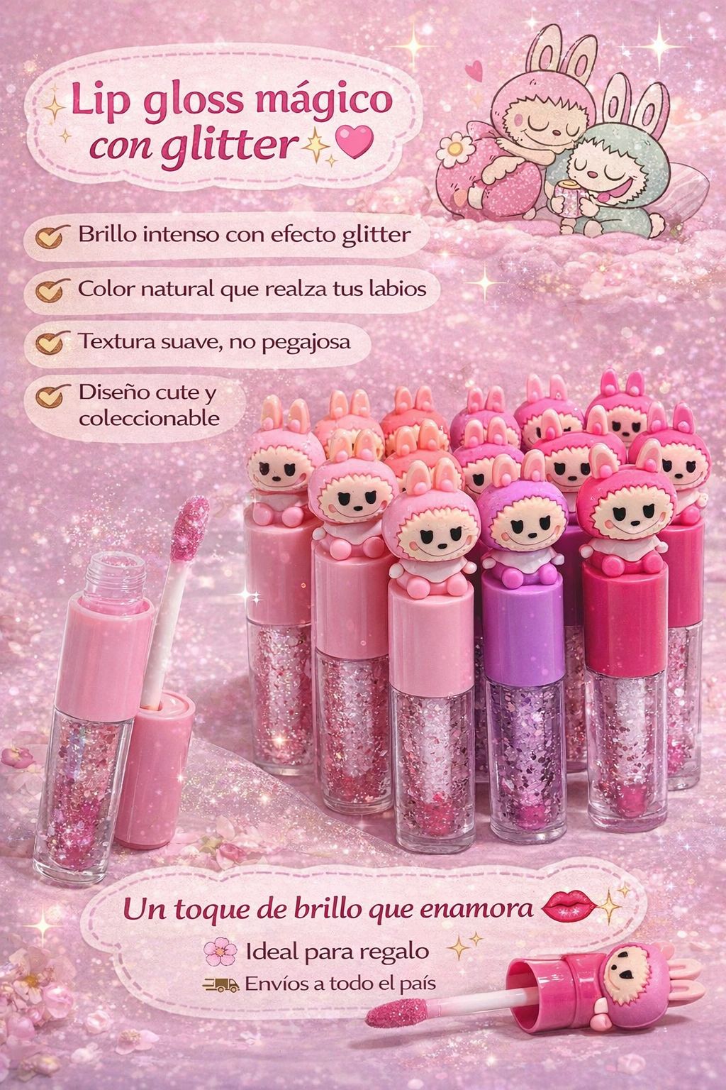 Lip Gloss mágico con glitter Labubu